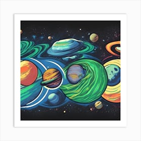 Space Cartoon T Shirt Design Green Fire Earth Distance Moon Saturn Jupiter M3lzbcrs Upscaled Art Print