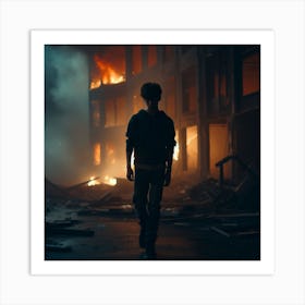 Man Walking Through A Burning Building Art Print