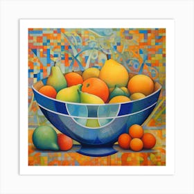 Art Deco still life painting of a fruit bowl filled with exotic fruits in vibrant shades of orange, yellow, and green Art Print