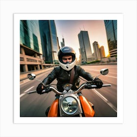 Man Riding Motorcycle In City 2 Art Print