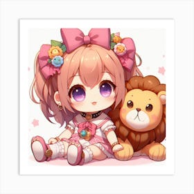 Cute Anime Girl With Lion 1 Art Print