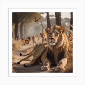 Lions And Butterflies Art Print