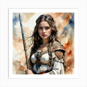 Portrait Of A Young Girl In Traditional Costume Holding A Spear Art Print