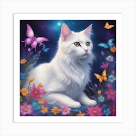 White Cat With Butterflies Art Print