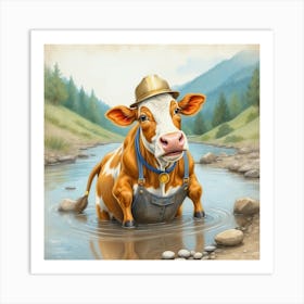 Cow In The Stream Art Print