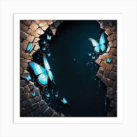 Blue Butterflies In A Brick Wall, Butterflies Emerging From A Cracked Dark Wall Representing Transformation And Hope Art Print