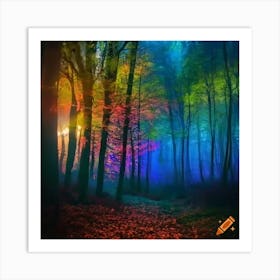 Craiyon 220138 Enchanted Forest With Sparkling Lights And Rainbow Colored Trees In Sunset Art Print