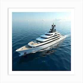 Majestic Superyacht With Sun Deck And Helipad, Floating In Blue Sea 1 Art Print