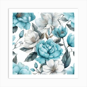 Watercolor Blue Flowers Seamless Pattern Art Print