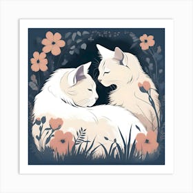 Silhouettes Of Cats In The Garden At Night, White, Cream And Blue Art Print