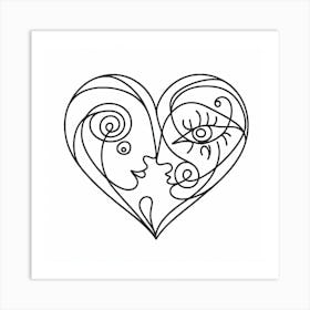 One line, Valentine's day of heart, Picasso style Art Print