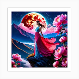 Moon And Flowers Art Print