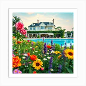 Colorful Flowers In Front Of A House Art Print