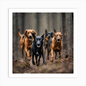 Dogs Running In The Woods Art Print