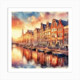 Amsterdam Canal Houses Reflected In A Dreamy Watercolor Sunset, Style Watercolor 2 Art Print