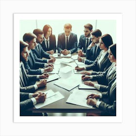 A group of serious business professionals in suits and formal attire sit around a conference table engaged in a meeting, discussing important matters with pens and notepads in hand, while the sunlight streams in through the office windows. Art Print