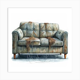 Old Worn Sofa With Loose Fabric And Wires Art Print