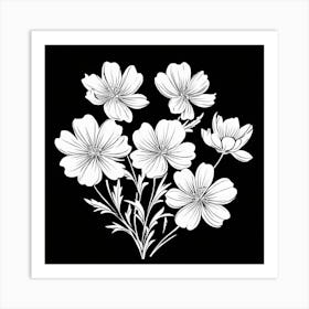 Cosmos Flower, Single Line Drawing Of The Flowers Pattern , Black And White Flowers 1 Art Print