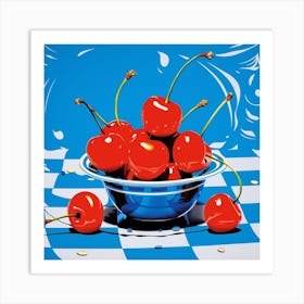 Cherries Pop Art Blue Checkerboard 1 Art Print