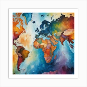 World Map Watercolor Painting Art Print