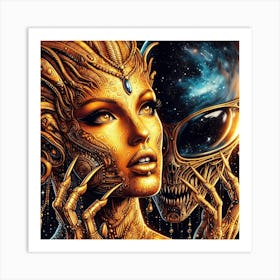 Alien Couple In Gold And Cosmic Exposure Drawing Art Print