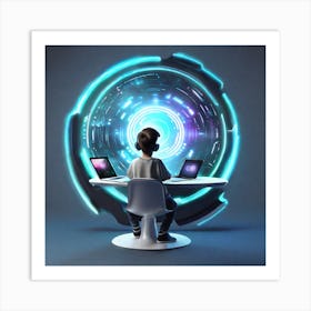 Young Boy In Front Of Computer Art Print