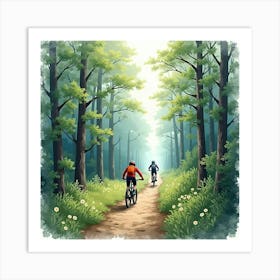 Mountain Bike Through A Misty Forest Trail Watercolor 1 Art Print