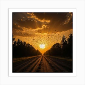 Thousands of Birds Soaring Through the Sky, Their Shadows Cast Against the Golden Sun Art Print