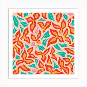 BOUGAINVILLEA Tropical Hawaiian Abstract Floral Botanical in Red Yellow Turquoise Pink on Blush Art Print