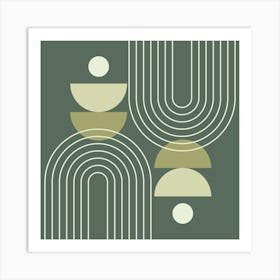 Modern Mid Century Sun, Moon Phases and Rainbow Abstract 19 in Forest Sage Green Art Print