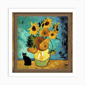 Vase With Three Sunflowers With A Black Cat, Van Gogh Inspired 1 Art Print