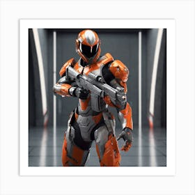 A Futuristic Warrior Stands Tall, His Gleaming Suit And Orange Visor Commanding Attention 3 Art Print