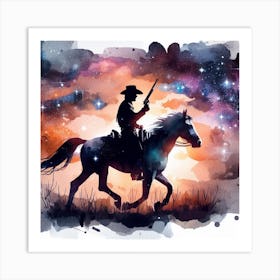 Watercolor Cowboy On A Horse in space Art Print