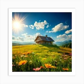 Firefly House, Sun, Cloud, Flower, Meadow, Nature, Landscape, Serene, Bright, Cheerful, Picturesque, (2) Art Print