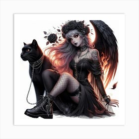 Gothic Girl With Black Cat Art Print