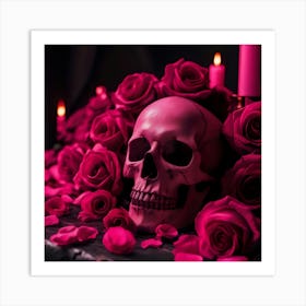 Pink Skull And Roses Art Print