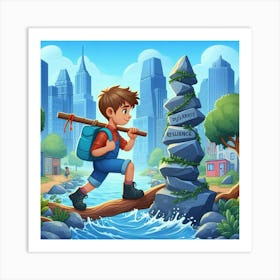 Boy Crossing A River Art Print