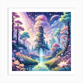 A Fantasy Forest With Twinkling Stars In Pastel Tone Square Composition 424 Art Print