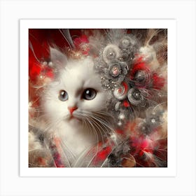 White Cat With Flowers Art Print