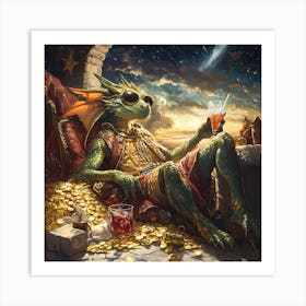 Cool Dragon Lounging on Gold Background 12 Art Print