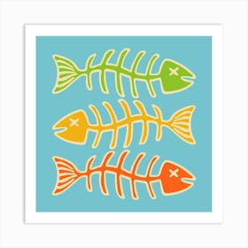 FISH BONES Pop Art Seafood in Vintage Retro Green Yellow Orange on Blue Kitchen Food Art Print