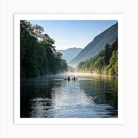 Early Morning Mist Hugging The Surface Of A Gently Flowing River Folk Kayaking Steadily Flanked By Art Print