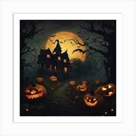 Halloween House With Pumpkins Art Print