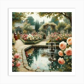 Rose Garden With The Fountain, Acrylic Style Painting 18 Art Print