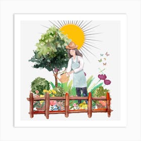 Woman Watering Garden Art Print