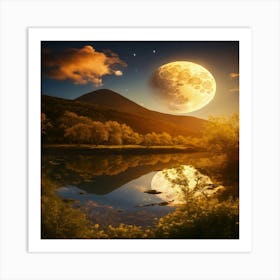 Full Moon Over A Lake Art Print