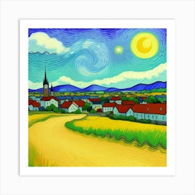 Starry Night Timeless Charm: A Rustic Village Retreat Art Print