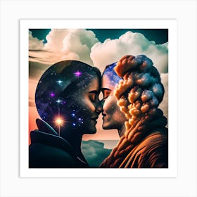 Two Lovers Kissing In Space Art Print