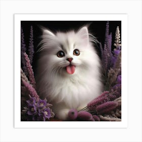 White Cat With Purple Flowers Art Print