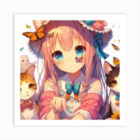 Anime Girl With Cats Art Print